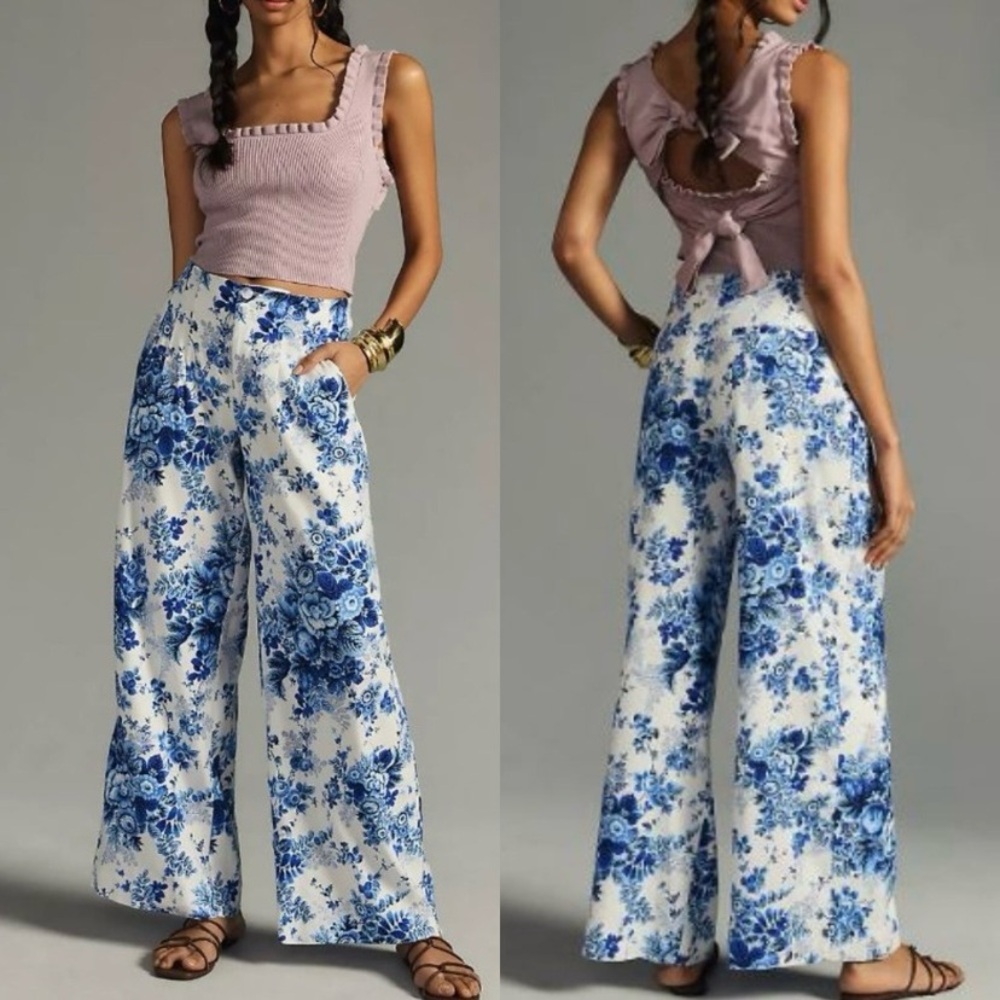 Maeve Anthropologie Wide Leg Floral Print Pants Sz 0 Linen Blend Blue White Boho